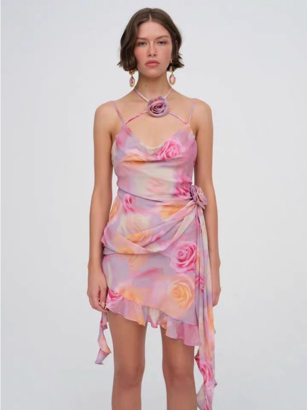 For Love & Lemons Inspired Rose Print Mini Dress Pink Floral